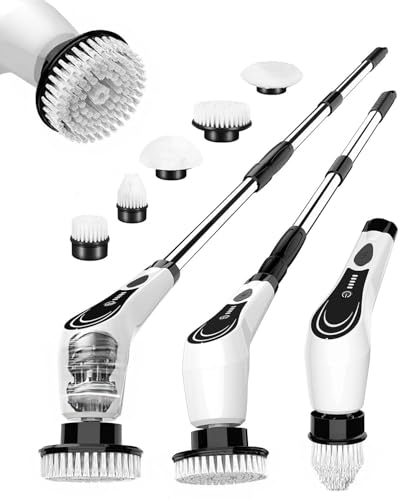 Electric Spin Scrubber, Shower Scrubber with 8 Brush Heads with Adjustable Extension Handle, 2H Power Dual Speed, IPX7 Waterproof for Kitchen, Sink, Bathroom, Shower, Tile, LX-a