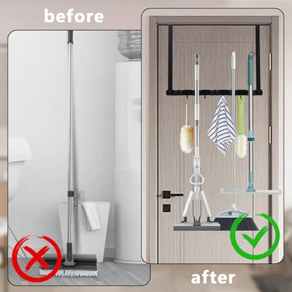 UKQRRTC Over The Door Broom Holder with 2 Hooks Wall Mount Mop and Broom Holder Stainless Steel Mop Holder Utility Broom Gripper Drilling Free Mop Hanger for Home Bathroom Kitchen Garage, Black