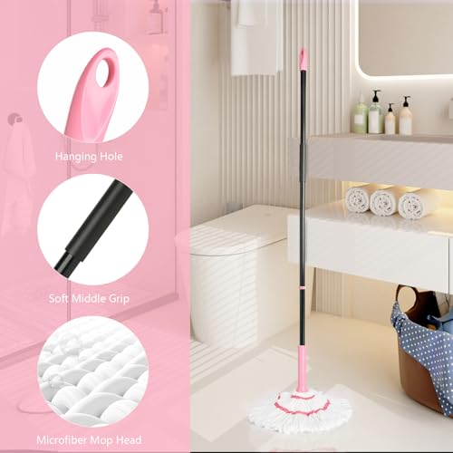 Self-Wringing Twist Mop for Floor Cleaning, 57” Long Handle Heavy Duty Microfiber Mop for Wet Mopping on Tile, Hardwood, Kitchen, Bathroom, Patio, Garage, Commercial Household Clean (Pink) - size: Complete Mop