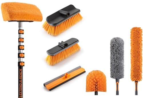 30 Foot Exterior House Cleaning Brush Set & Duster Kit with 5-24 ft Extension Pole // Vinyl Siding Brushes with Telescopic Extendable Pole & Window Cleaning Squeegee Tool