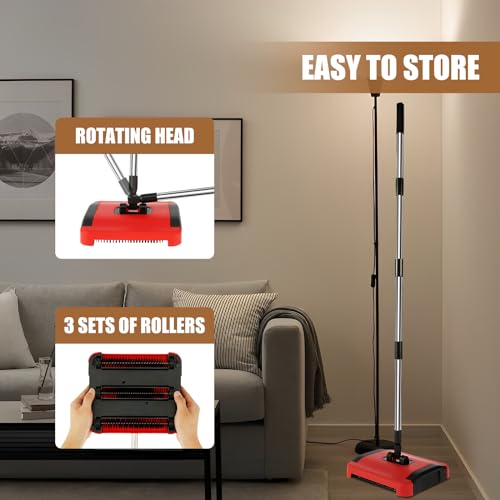 Carpet Floor Sweeper with Horsehair, Manual Cleaner, Non-Electric Broom Efficient Hand Push Rug Roller Brush