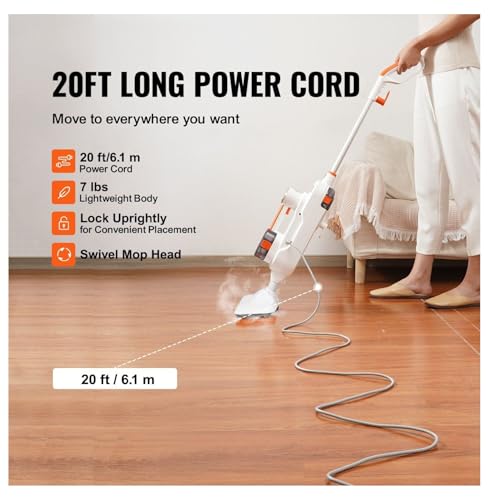 Steam Mop, 8-in-1 Hard Wood Floor Cleaner with 7 Replaceable Brush Heads, for Various Hard Floors, Like Ceramic, Granite, Marble, Linoleum, Natural Floor Mop with 2 pcs Machine Washable Pads