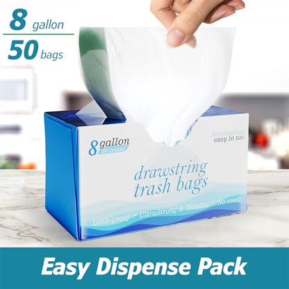 8 Gallon Drawstring Garbage Bags 0.8 Mil Ultra Strong Medium Kitchen Trash Bags Medium Plastic Bags - Individual, Unscented, White, 23"x27", 50 Count - size: 50 Count (Pack of 1)