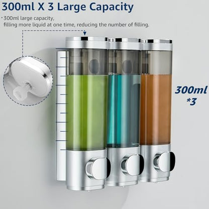 Shampoo and Conditioner Dispenser 3 Chamber No Drill,Shower Soap Pump Dispenser Wall Mounted,Body Wash Dispenser,Shower Gel Shampoo Holder for Bathroom Accessories, (Silver 3) - color: Silver 3
