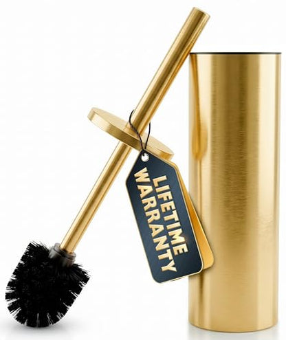 Gold Toilet Brush and Holder Set - Brushed Stainless Steel Gold Toilet Bowl Brush and Holder with Replaceable Head, Removable Inner Bowl, and Splash Protection - Dense Bristles for Thorough Cleaning - color: Gold