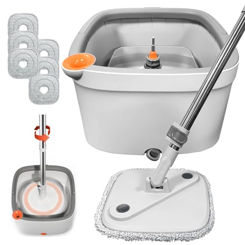 Spin Mop and Bucket Set with Self Separation Dirty and Clean Water System Self Wringing 360° Rotating Clean Mop-Head for Hardwood Tile Marble Floors (Mop Set with 6 Pads)-Grey - size: Grey Mop Set with 6 Pads