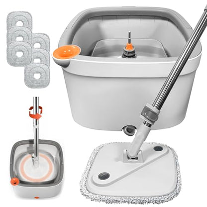 Spin Mop and Bucket Set with Self Separation Dirty and Clean Water System Self Wringing 360° Rotating Clean Mop-Head for Hardwood Tile Marble Floors (Mop Set with 6 Pads)-Grey - size: Grey Mop Set with 6 Pads