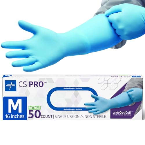 Medline CS Pro 16” Cuff Nitrile Exam Gloves, 50 Count, Medium, Powder Free, Disposable, Not Made with Natural Rubber Latex, Longer Cuff, Thicker Glove for Extra Protection - size: Medium