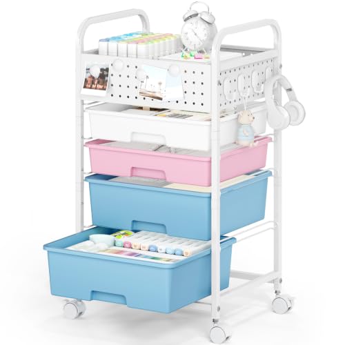 4 Drawer Rolling Storage Cart with Pegboard Top and Hooks, Mobile Organizer Cart with Wheels for Office Supplies, Craft Storage, Classroom Organization, Home Utility Cart, Pink&Blue - color: Pink&blue, size: 4-Drawers