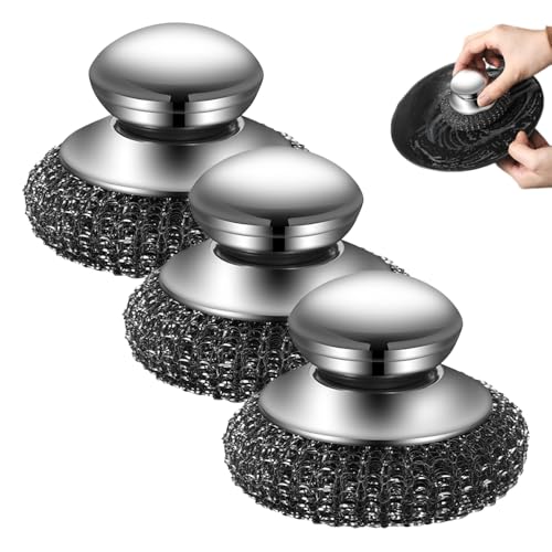 Steel Wool Scrubber with Handle, Upgrade Heavy Duty Stainless Steel Dish Scrubber for Cleaning Dishes, Iron Pots, Stoves, Kitchen Sink (3 pcs) - color: 3 Pcs