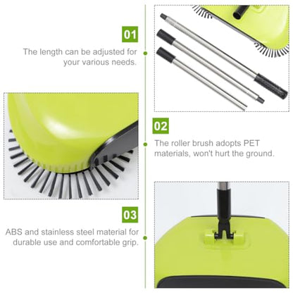 Manual Push Floor Sweeper Broom, Hand Push Sweeper with Enclosed Dustpan Bin, 3‑in‑1 360° Rotating Floor Cleaning Brush Mop Machine Adjustable Handle Vacuum‑Free for Tile Hardwood Carpet Green