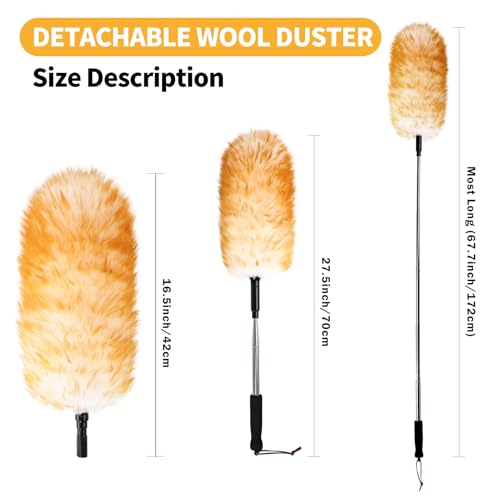 Extendable Cleaning Duster,66.9Inch Telescoping Feather Dusters with Stainless Steel Extension Pole for Cleaning High Ceiling Fan, High Ceilings,Furniture - size: 67.7inch