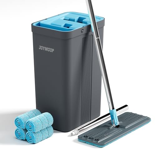 JOYMOOP Mop and Bucket Set, Mops for Floor Cleaning, Wall Mop Cleaner with Long Handle, with 4 Reusable Microfiber Mop Pads - Grey+Cyan Blue - color: Turquoise-cyan & Muted Grey, size: Bucket #2124 + 60" Flat Mop + 4 Pads