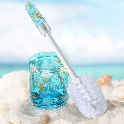FONMY Toilet Brush and Holder Acrylic with Nature Seashell,Compact Size Toilet Bowl Brush with Plastic Handle Easy to Hide, Drip-Proof,Space Saving for Storage,Easy to Assemble,Deep Cleaning, (Blue)
