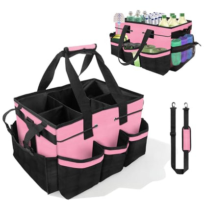Large Cleaning Caddy Bag – Cleaning Supply Organizer Bag with Handle & Adjustable Shoulder Strap for Housekeepers, Professional Home, Apartment & Office Cleaning, Soft Portable Tote (Pink)