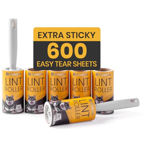 DELOMO Extra Sticky Lint Roller for Pet Hair, 600 Sheets Mega Pack (2 Rollers+ 4 Refills), Pet Hair Remover for Clothes, Couch, Furniture, Bedding, Car Seats - Easy Peel Design for Dog Cat Owners - size: C: 2 Rollers + 4 Refills ( 600 Sheets Total )