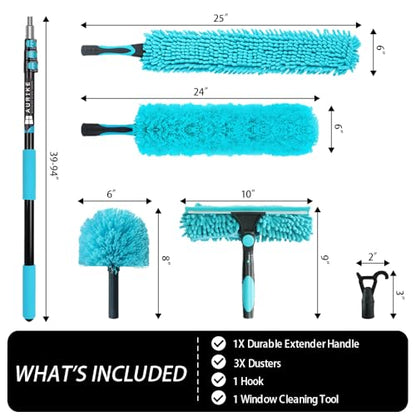 High Ceiling Duster Kit with 3-8FT Heavy Duty Extension Pole, Reaches Up to 13FT, Includes Microfiber Feather Duster, Cobweb and Ceiling Fan Duster, Window Squeegee Cleaner & Skylight Hook (8FT) - size: 8FT
