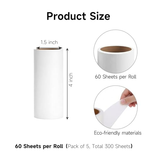 5 Pack 4 Inch Lint Roller Refills, 60 Sheets Per Roll - 300 Total Sheets | Sticky Adhesive Lint & Pet Hair Remover for Clothes, Furniture, Car Seats & Bedding (5, 4 Inch) - size: 4 Inch