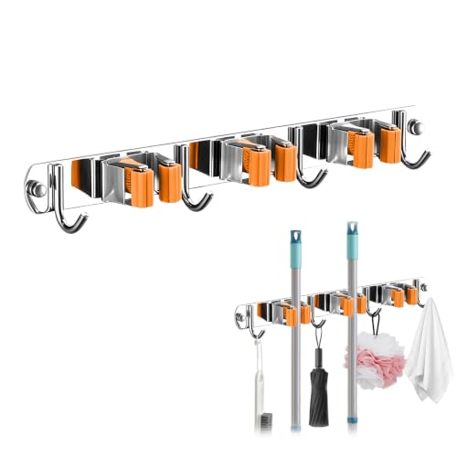 Upgrade Broom Holder Wall Mount, 304 Stainless Steel Mop & Broom Storage Organizer with Hooks, Self-Adhesive or Screw Install for Bathroom Garage Kitchen (orange, 3 Racks and 4 Hooks) - color: orange, size: 3 Racks and 4 Hooks