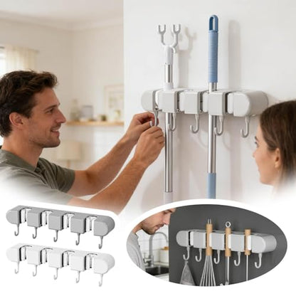 Wall Mounted Mop and Broom Holder, 4 Racks And 5 Hooks Vacuum Suction Cup Mop Holder, Stainless Steel & ABS Organizer for Kitchen, Bathroom, Garage, Laundry Room (White) - color: White