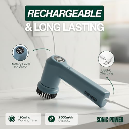 SonicPower Electric Spin Scrubber – Handheld & Ergonomic, IPX7 Waterproof, 4 Multi-Purpose Brush Heads, Long-Lasting Rechargeable Battery – Cleans Dishes, Bathroom, Tile, Grout & Kitchen (Steel Blue) - color: Steel Blue