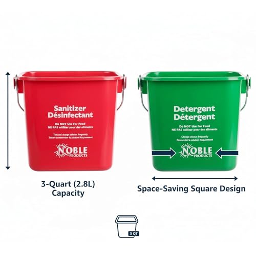 Cleaning Bucket with Handle - 3-Quart Square Sanitizer Bucket - Red & Green Pail for Commercial Sanitizing - Small Bucket for Cleaning Restaurant, Kitchen, Home, Food Service Use (Set of 2)
