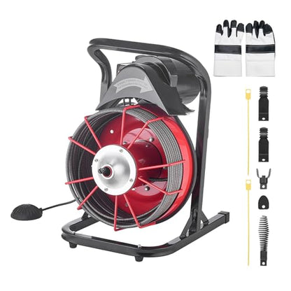 VEVOR Drain Cleaner Machine 75 FT x 3/8 Inch, Sewer Snake Auger Manual Feed with 4 Cutters & Air-activated Foot Switch for 2" to 4" Pipes - style: 75 FT x 3/8''