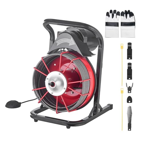 VEVOR Drain Cleaner Machine 75 FT x 3/8 Inch, Sewer Snake Auger Manual Feed with 4 Cutters & Air-activated Foot Switch for 2" to 4" Pipes - style: 75 FT x 3/8''
