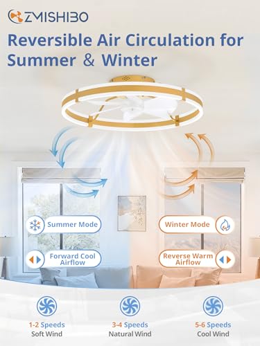 ZMISHIBO 24 Inch Ceiling Fans with Lights and Remote, Modern Low Profile Ceiling Fan, 3000-6000K Dimmable Flush Mount LED Fan Light, 6 Wind Speeds, Fandelier Ceiling Fans for Bedroom- Gold - color: Gold, size: 24 INCH