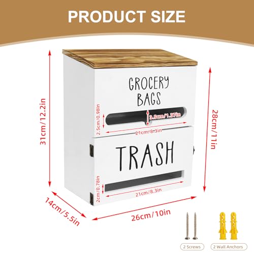 2 in 1 Trash Bag Dispenser, Double Wall Mounted,Wood Trash Bag Holder, used in kitchen, garage, laundry room, can store Environmentally friendly food bags and garbage bags (White) - color: White/Large(10inch*5.5inch*12.2inch）