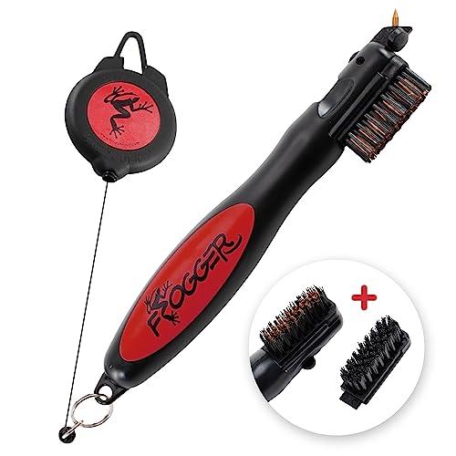 Frogger BrushPro Golf Club Cleaner with Ergonomic Grip and 2.5 ft. Retractable Cord - Sturdy Golf Club Brush and Groove Cleaner for Golfers - color: Red