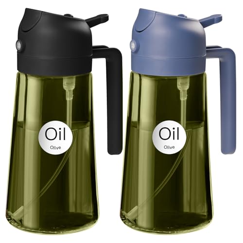 YARRAMATE 2Pcs 16oz/470ml Dark Green Oil Sprayer for Cooking with Stickers, Food-grade Premium 2 in 1 Olive Oil Dispenser Bottle for Kitchen Gadgets, Air Fryer, Salad, Frying, BBQ (Black&Navy) - color: 19_2Pcs Black&Navy