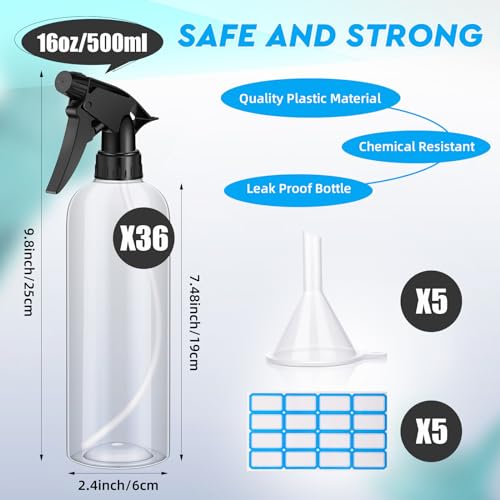 Lallisa 36 Pcs 16 oz Plastic Spray Bottles Leak Proof Empty Bottles for Cleaning Solutions Water Sprayer Bottle with Nozzle Mist, Labels and Handle Funnel for Auto Details, Bathroom, Kitchen, Planting - color: Clear