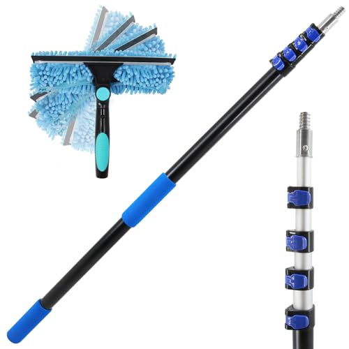 23FT High Reach Window Squeegee with Extension Pole, 2 in 1 Shower Squeegee for Glass Doors with 5-Stage 4-16.5 ft Telescoping Pole, Window Cleaner Tool for Shower Glass Home Car