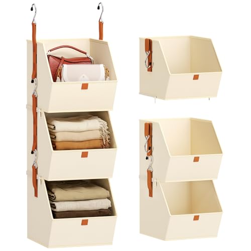 Homsorout Collapsible Hanging Closet Organizer - 3 Tier Closet Shelves Storage System with Hooks, Fabric Hanging Storage Bins for Clothes, Foldable Storage Basket for Laundry, Bedroom, Rv, Beige - color: Beige, size: 3 shelves