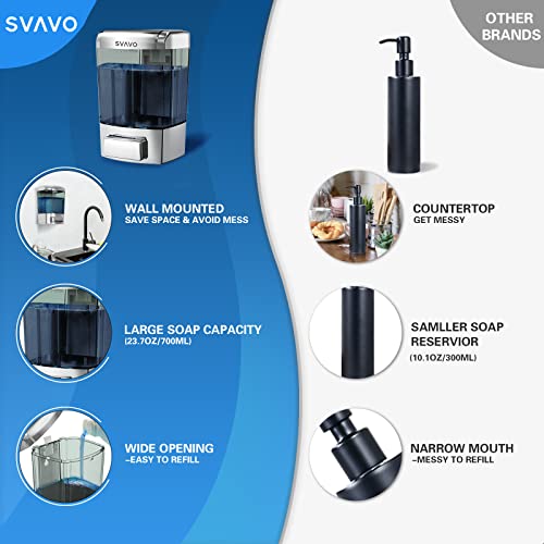 SVAVO Wall Mounted Soap Dispenser Kitchen Bathroom Manual Soap Dispenser Refillable Hand soap Dispenser for Liquid Contianers Shampoo Gel Chamber for Household Commerical 23.7oz (700ml) ABS - color: Chrome&clarity Brown