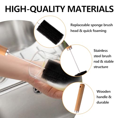 Water Bottle Cleaner Brush Baby Bottle Cleaner Brush Set Long Handle Sponge Cleaning Brush for Beer Bottles, Cups, Wine Glasses, Coffee Mugs, Tumblers, Thermos,Replaceble Brush Head (3-Pack)