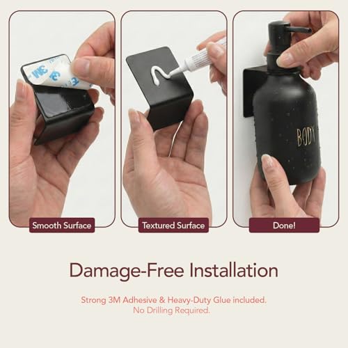 Black Soap Dispenser Set for Bathroom – 3-Packs Refillable Bottle Set, Soft Touch Pump Bottles Wall Mount Hooks Stickers Glue with Vanity Sink Placement Modern Design