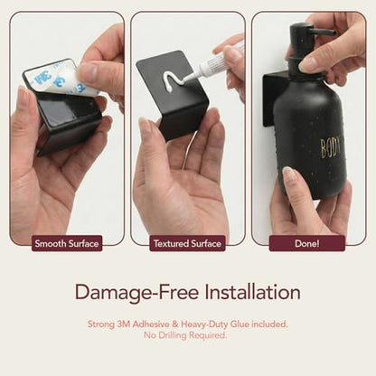 Black Soap Dispenser Set for Bathroom – 3-Packs Refillable Bottle Set, Soft Touch Pump Bottles Wall Mount Hooks Stickers Glue with Vanity Sink Placement Modern Design
