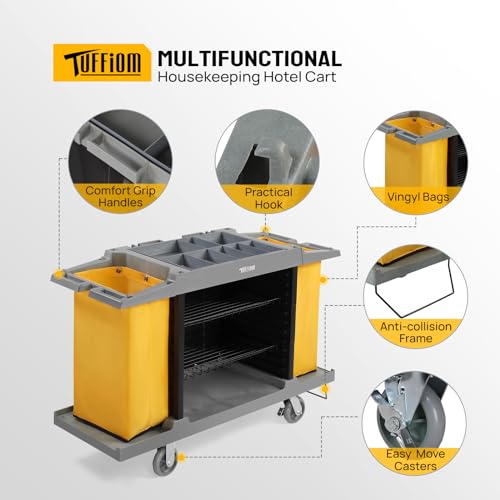 TUFFIOM Industrial Multifunctional Hotel Cart,Commercial Traditional Cleaning Janitorial Room Service Housekeeping Cart, 39" H x 58" W x 21" D