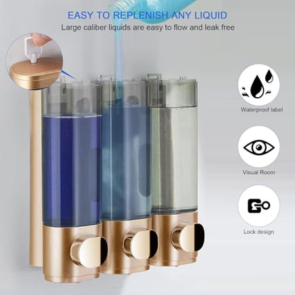 Shower Soap Dispenser Wall Mounted Shampoo and Conditioner Dispenser No Drill 3 Chamber Large Capacity for Bathroom Hotel, Gold - color: Gold