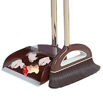 Broom and Dustpan Set,Large Broom and Dustpan,Broom and Dustpan Set,Heavy Duty Dust Pan with Long Handle Upright Dustpan Broom Set,Broom Home Kitchen Lobby Floor Use,Dust Pan and Broom Set - color: Coffee