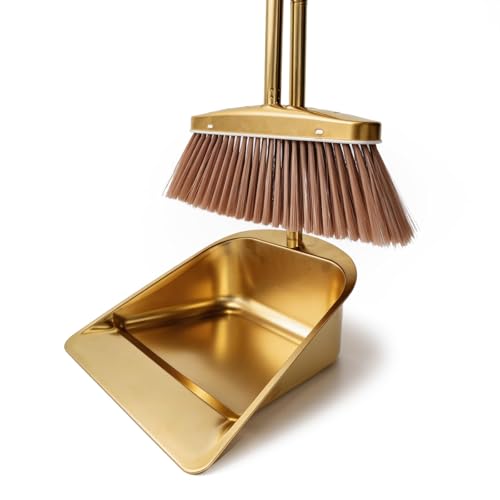 Gold Broom and Dustpan Set, Minimalist Upright Sweeper with Long Handle, Heavy Duty Stainless Steel Metal Dust Pan Combo for Home, Kitchen, Office and Indoor Outdoor Use (Gold Basic) - color: Gold Basic