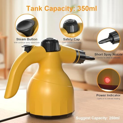 Handheld Steam Cleaner: Multi-Surface Steamer with 10 PCS Accessories Pressurized Natural Steam Cleaner for Home Cleaning Dirt, Grease, Grout, Tile, Floor, Couch and Car-Yellow