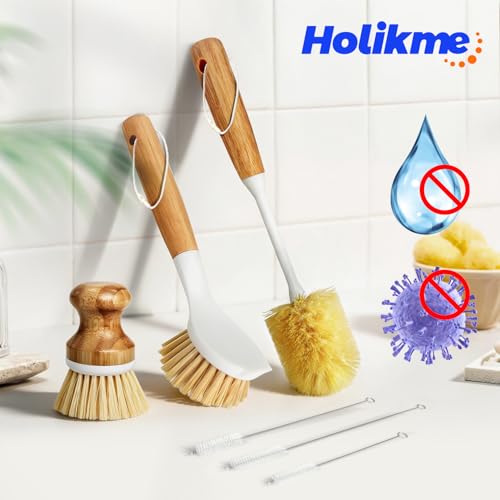Holikme 6 Pack Dish Brush Kitchen Brushes Set with Vegetable Palm Brush, Bottle Brush, Dish Brush and Straw Brush, Fruit Cleaning Brushes for Cleaning Potato, Amarillo - color: Amarillo