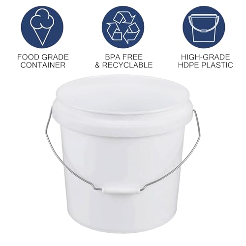 White 4-Gallon Bucket with Lid, Economical Durable BPA Free Plastic Pail Container for Storage, Multi-Use Food Grade Buckets, Metal Handles with Plastic Grip for Easy Carrying, 6 Pack