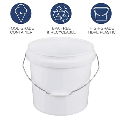 White 4-Gallon Bucket with Lid, Economical Durable BPA Free Plastic Pail Container for Storage, Multi-Use Food Grade Buckets, Metal Handles with Plastic Grip for Easy Carrying, 6 Pack