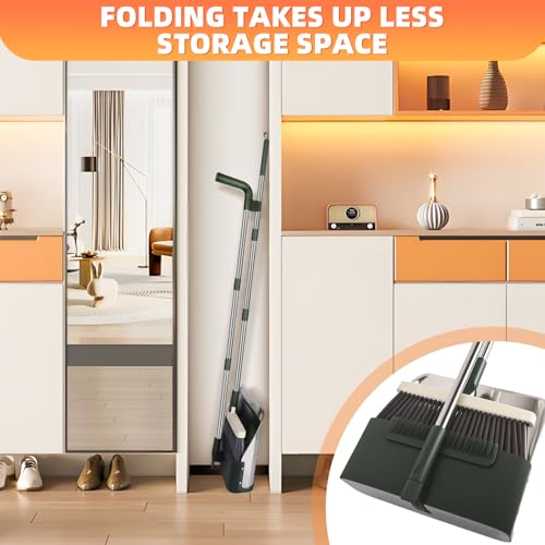 Broom with Dustpan Combo Set, Heavy Duty Standing Metal Dust Pan with Teeth, Indoor Outdoor Up for Home Kitchen Lobby Room Office, Green - color: Green
