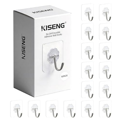 16 Pack Crystal Clear Adhesive Hooks for Hanging, Heavy Duty 22lb Sticky Hooks, Invisible Clear Wall Hooks No Drill No Damage, Waterproof Shower Hooks for Bathroom Kitchen Towel Keys