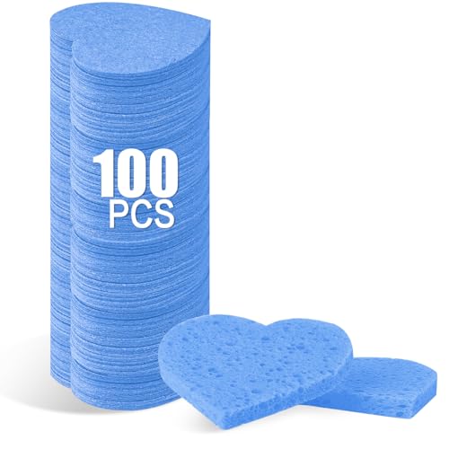 100-Count Compressed Facial Sponges for Estheticians Heart Shape Natural Cellulose Sponge Professional Cosmetic Spa Sponges for Face Cleansing, Massage, Pore Exfoliating, Mask, Makeup Removal, Blue - color: 100- Pack Blue